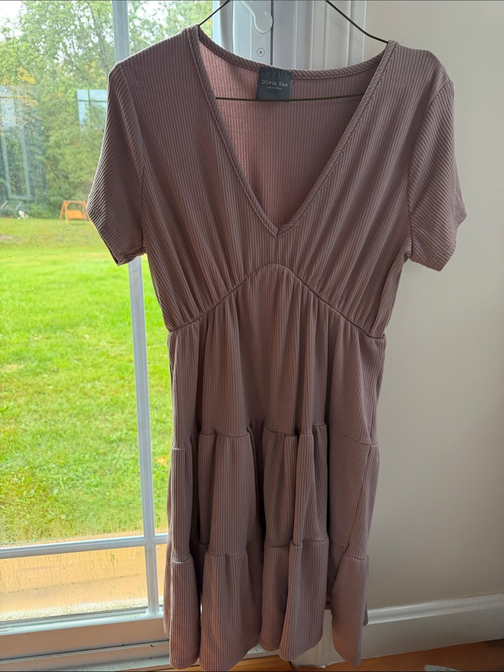Olivia Rae Dusty Mauve Ribbed V-Neck Tiered Mini Dress